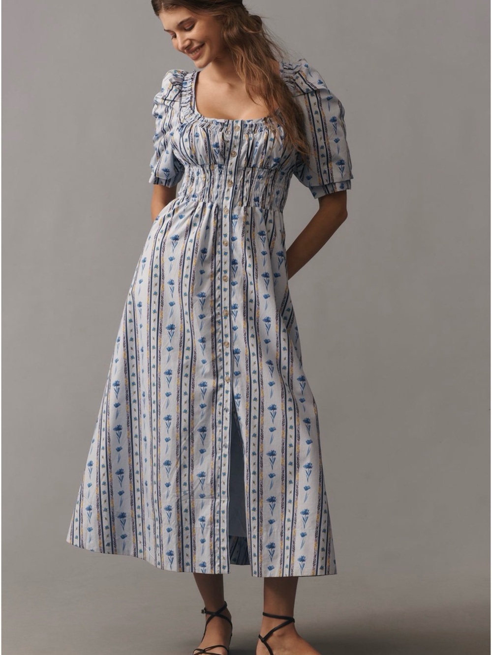 Anthropologie Maeve Puff Sleeve Smocked Maxi Dress in Blue Striped Floral